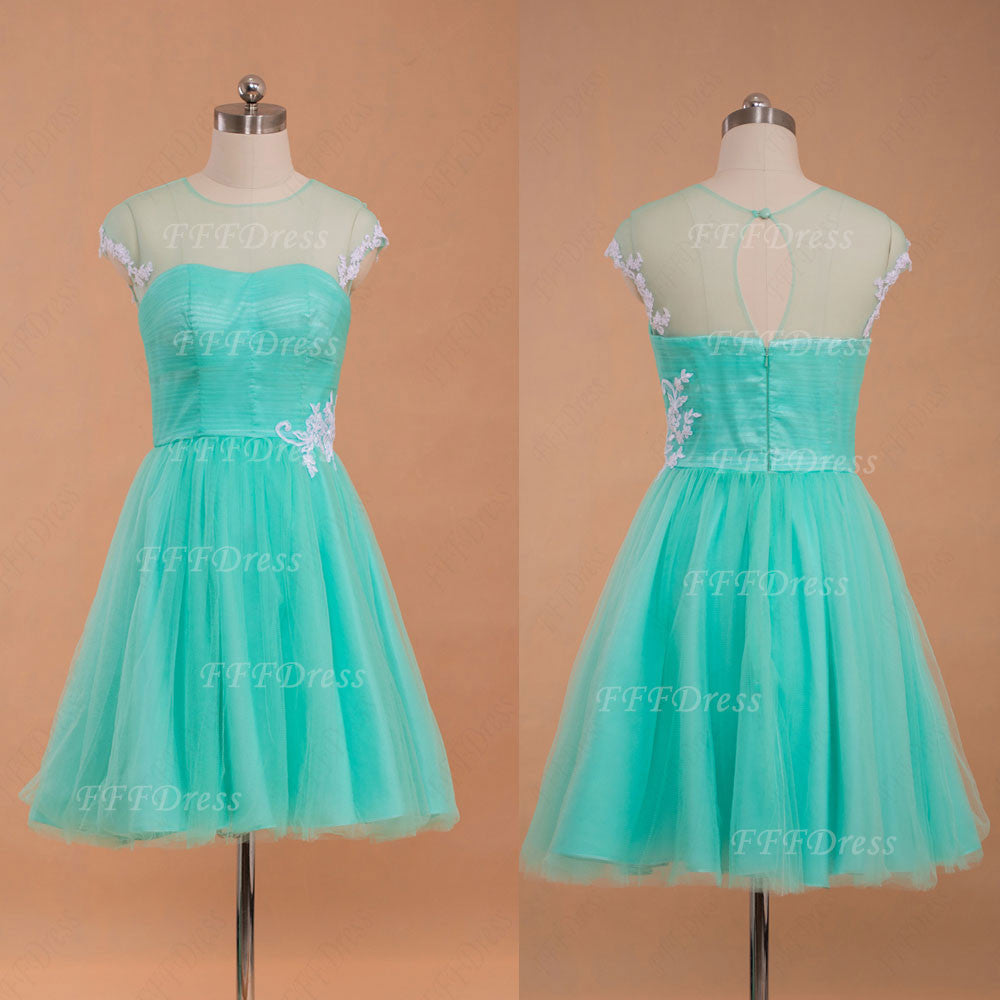 Mint green short prom dress with white lace