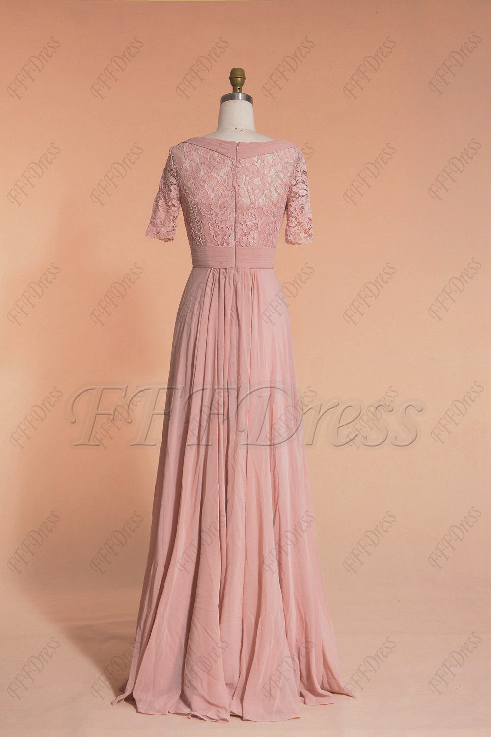 Dusty rose modest lace bridesmaid dresses elbow sleeves