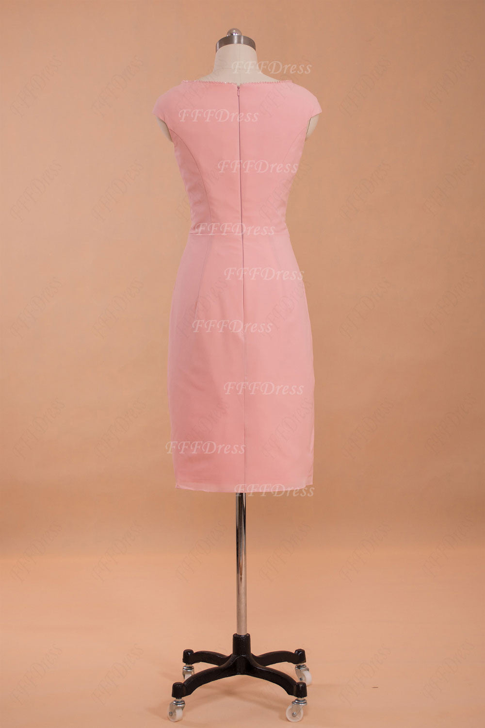 Pink modest bridesmaid dresses cap sleeves knee length