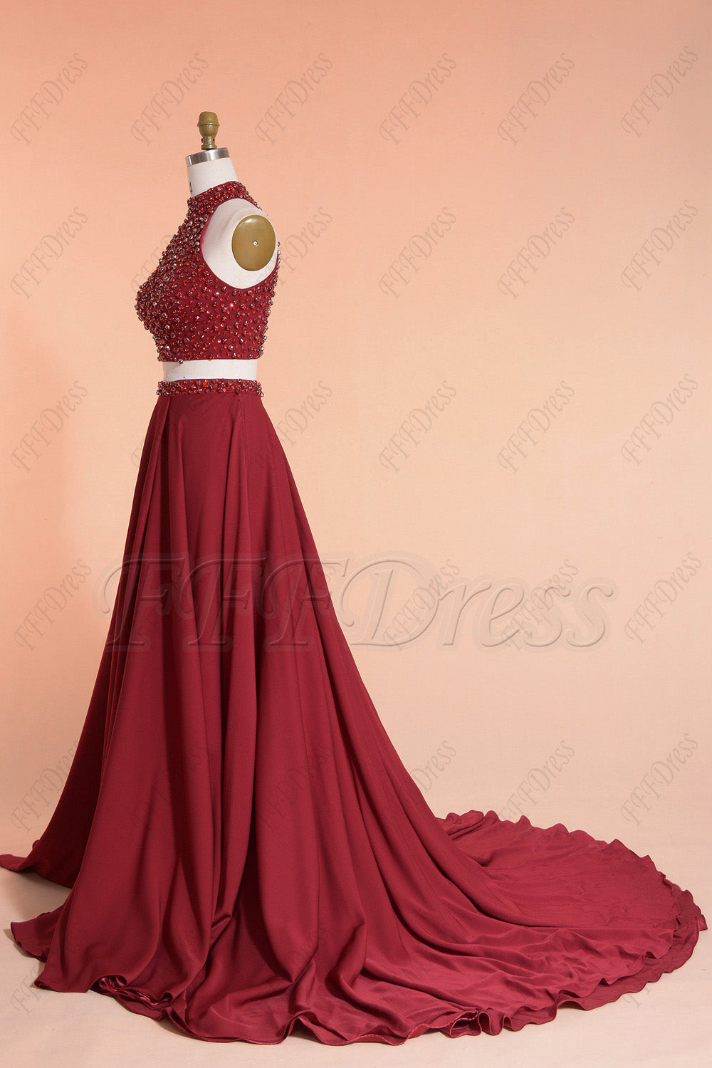 Beaded burgundy two piece long prom dresses with slit