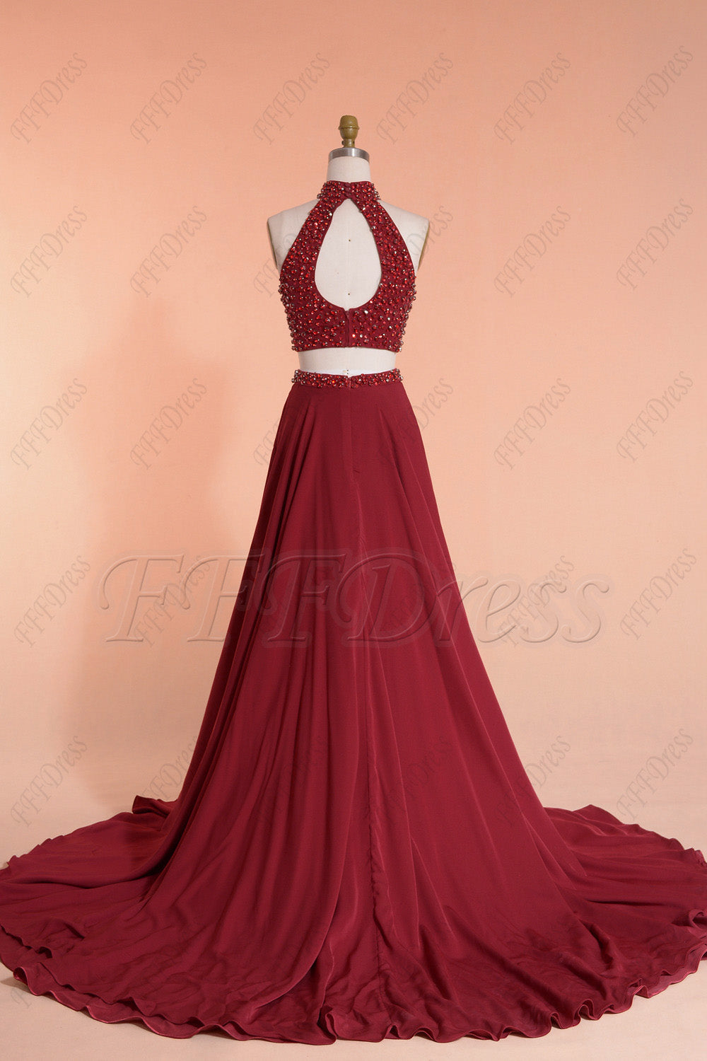 Beaded burgundy two piece long prom dresses with slit
