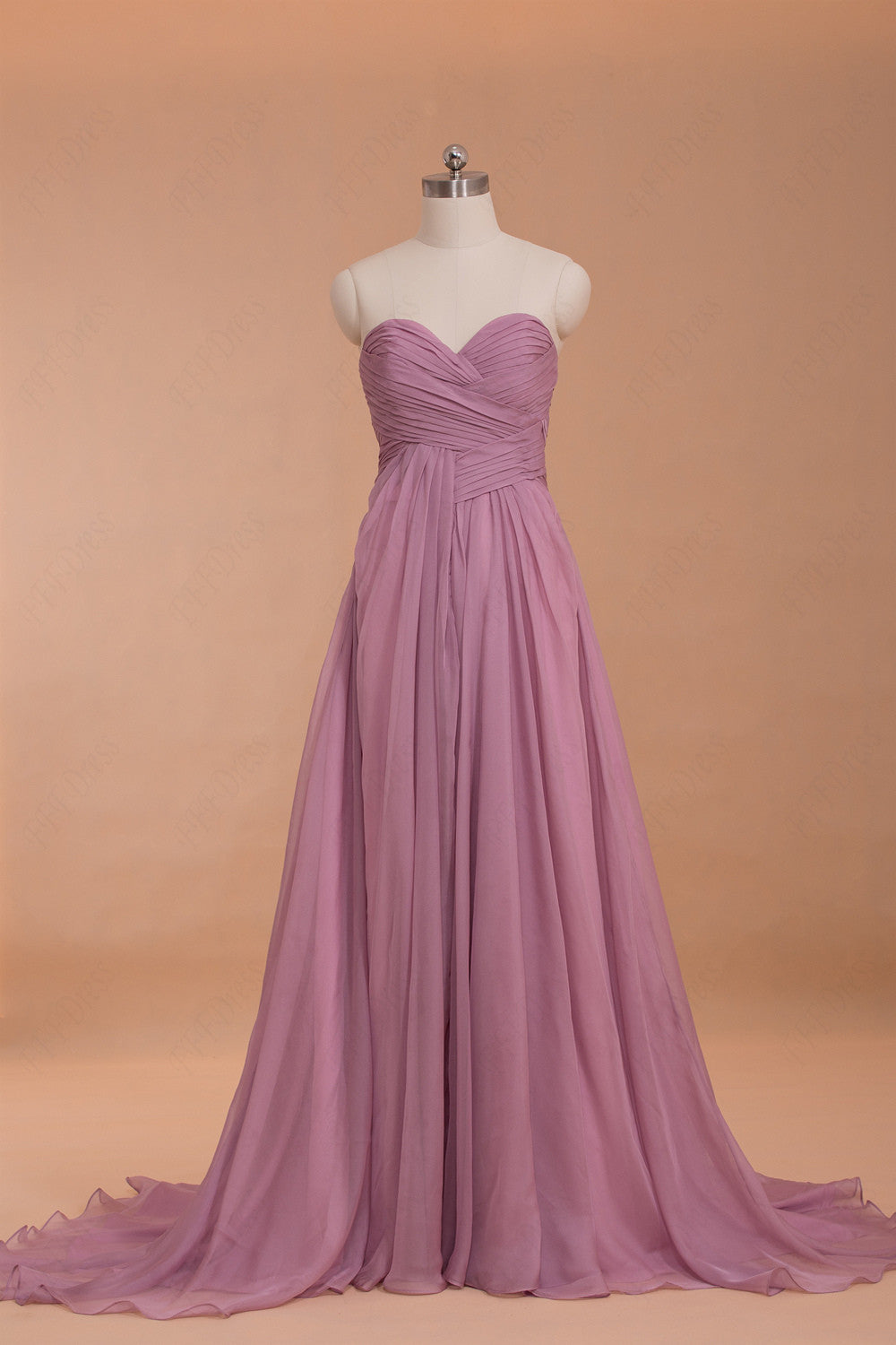 Purpish pink Chiffon long prom dresses with train