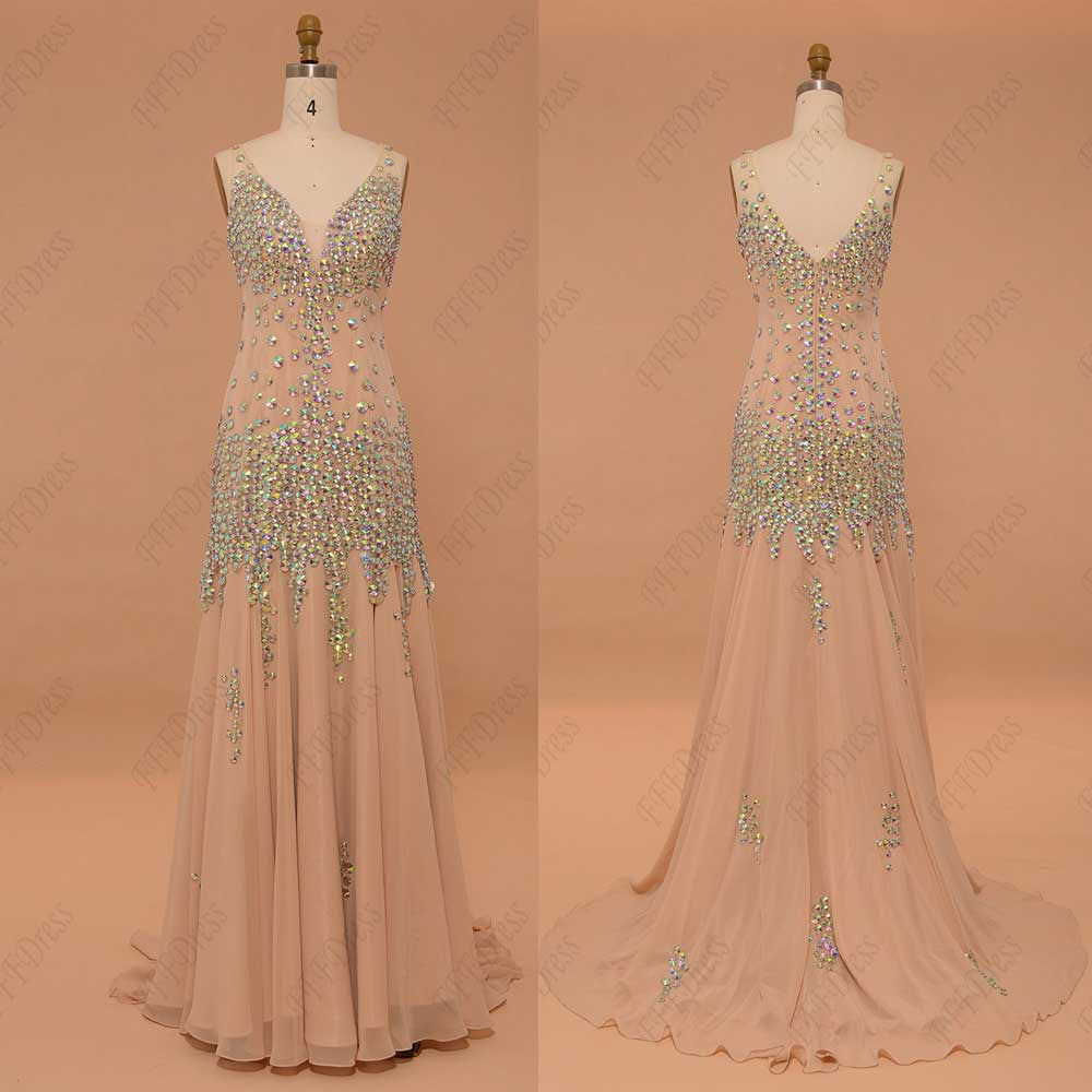 Mermaid crystal sparkly prom dresses V Neck champange pageant dresses