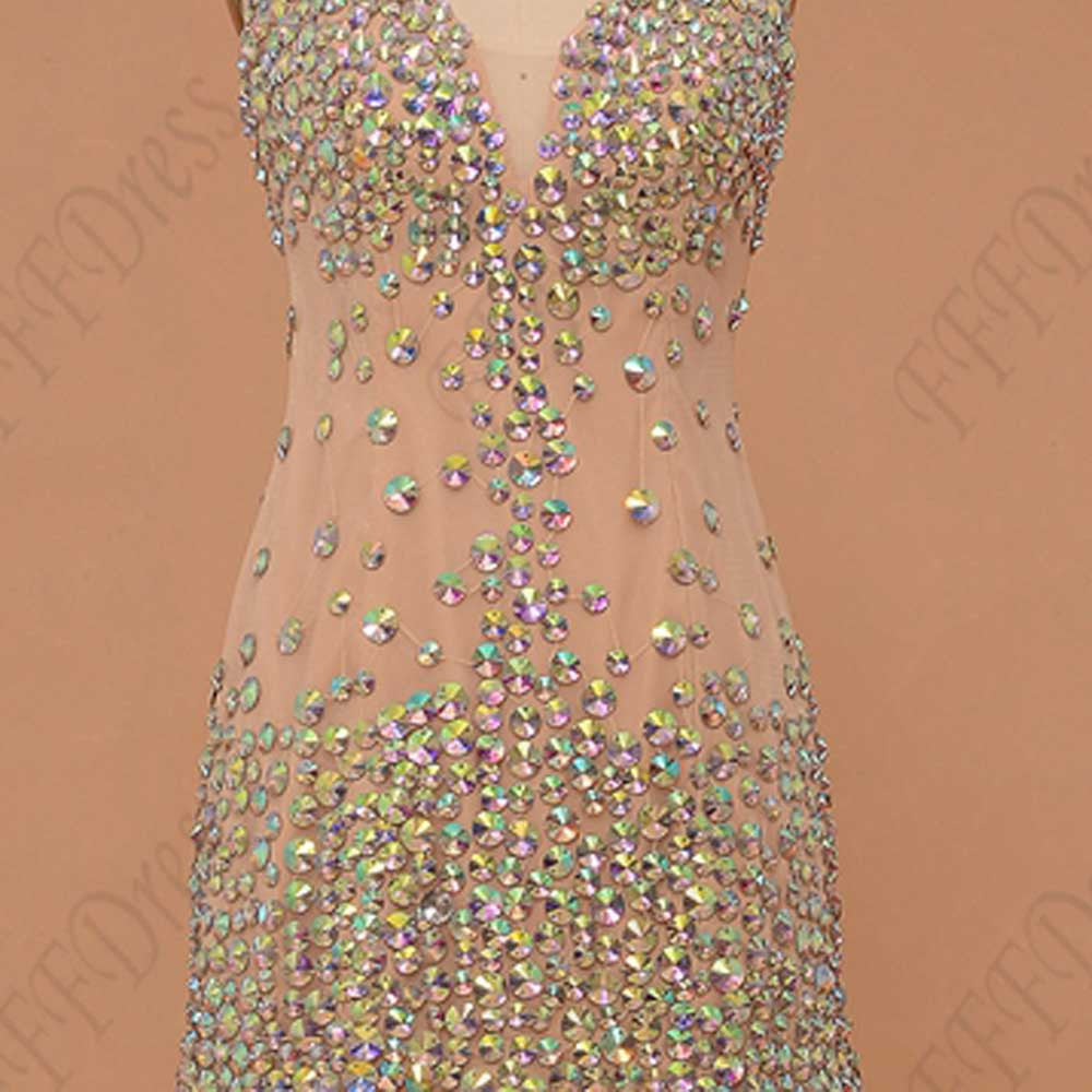 Mermaid crystal sparkly prom dresses V Neck champange pageant dresses