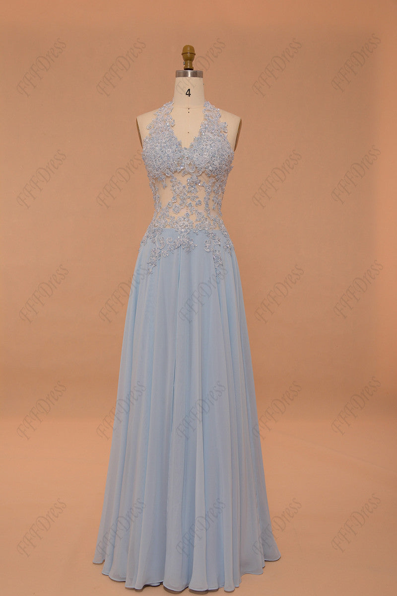 Light blue halter backless prom dresses long pageant dresses