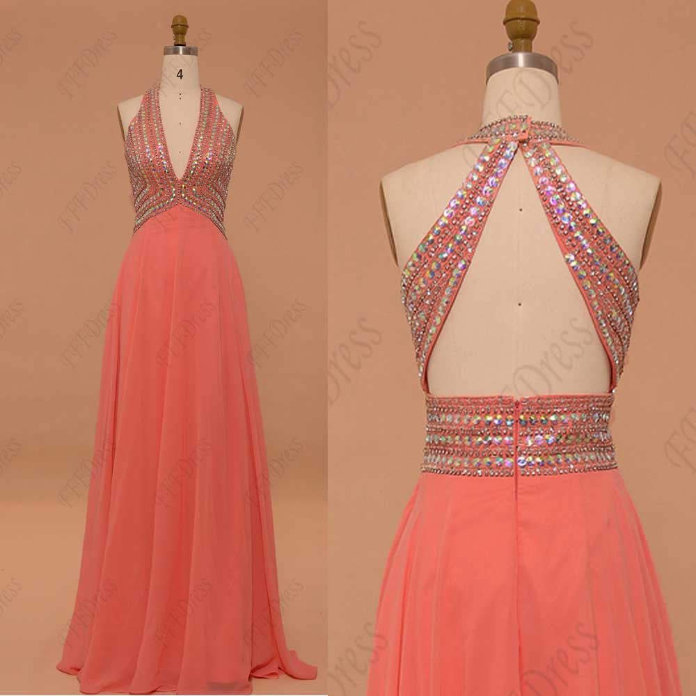 Crystal sparkly coral backless prom dresses pageant dresses