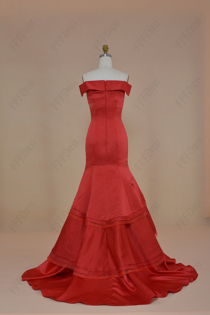 Off the Shoulder Red Mermaid Tiered Prom Dress Long