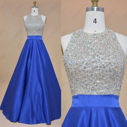 Halter crystals beaded sparkly prom dresses royal blue backless pageant dresses