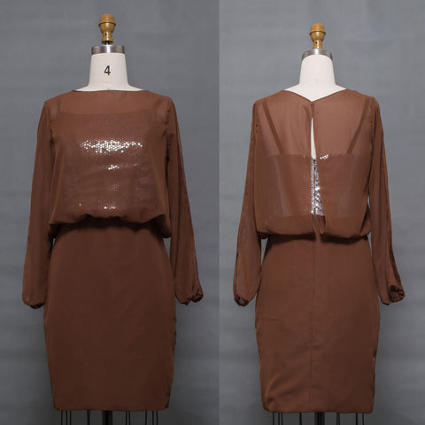 Modest brown long sleeves mother of the bride dress knee length