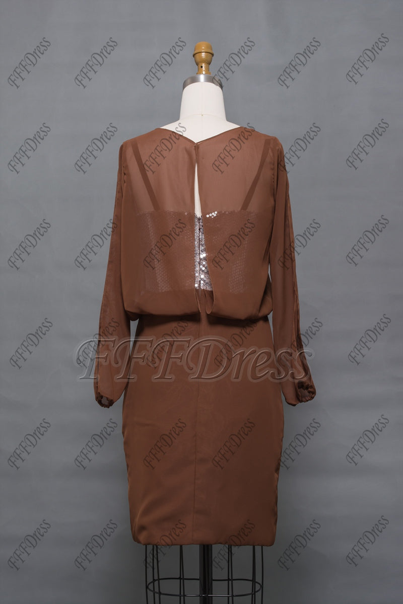 Modest brown long sleeves mother of the bride dress knee length