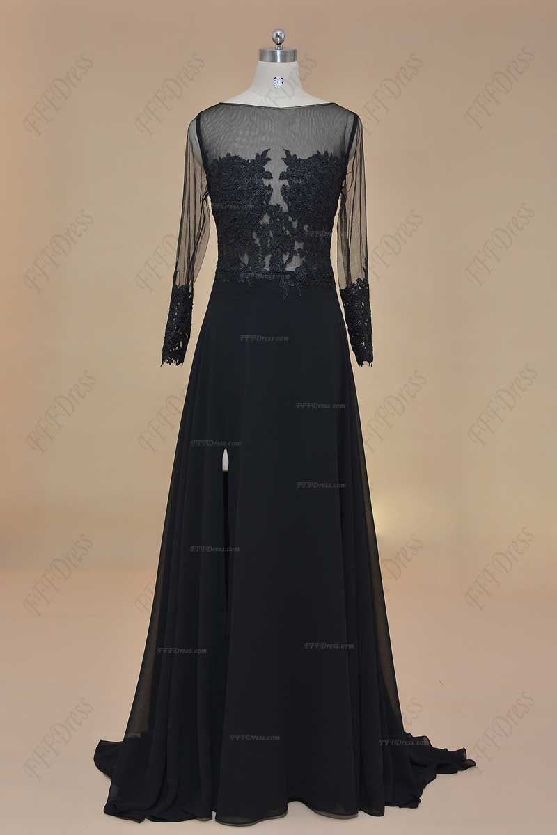 See through black lace prom dress long sleeves evening dress with slit
