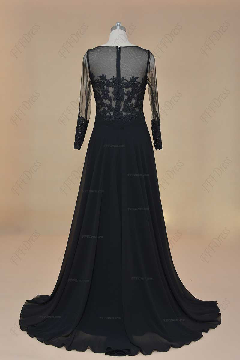 See through black lace prom dress long sleeves evening dress with slit