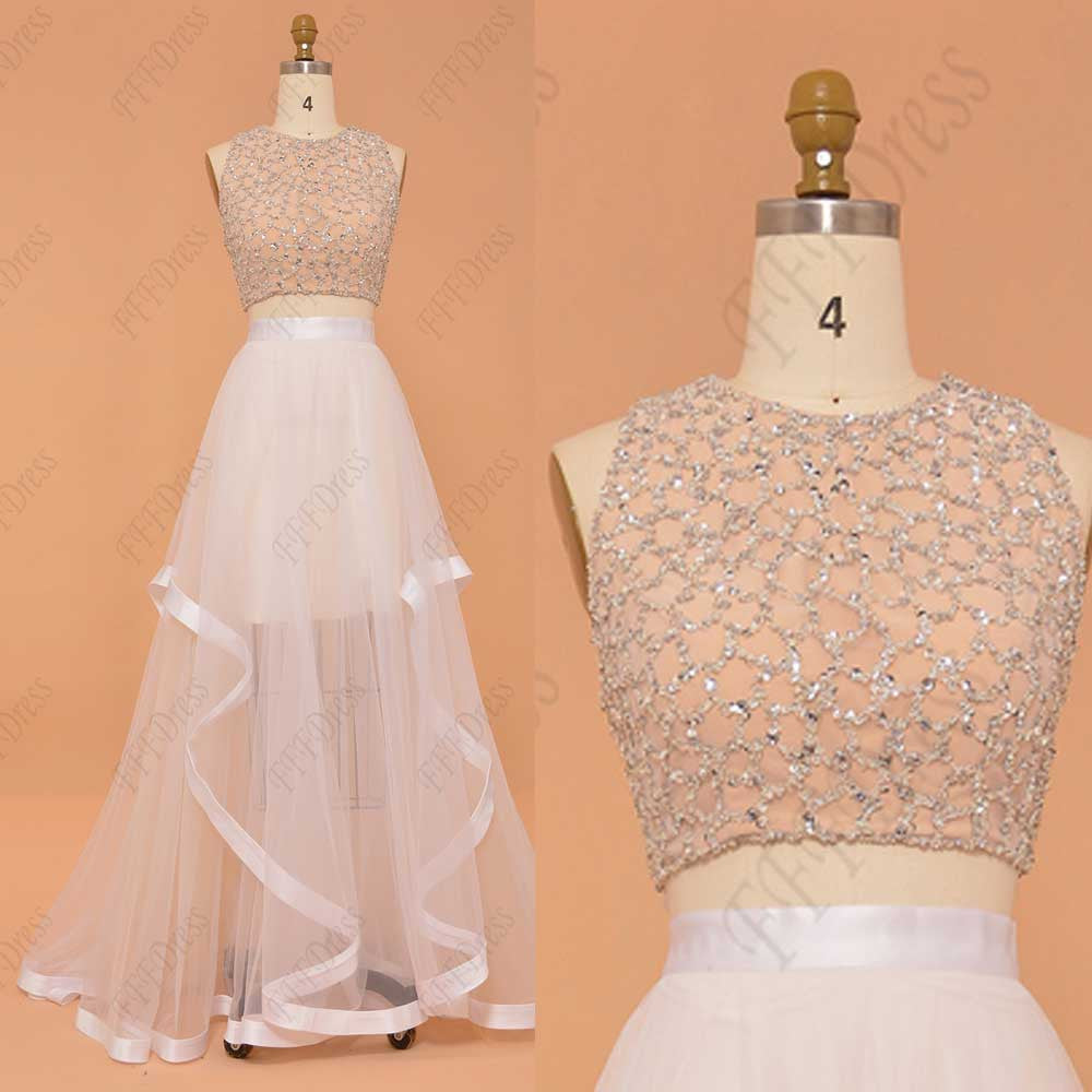 Sparkly beaded champagne two piece prom dresses long pageant dresses