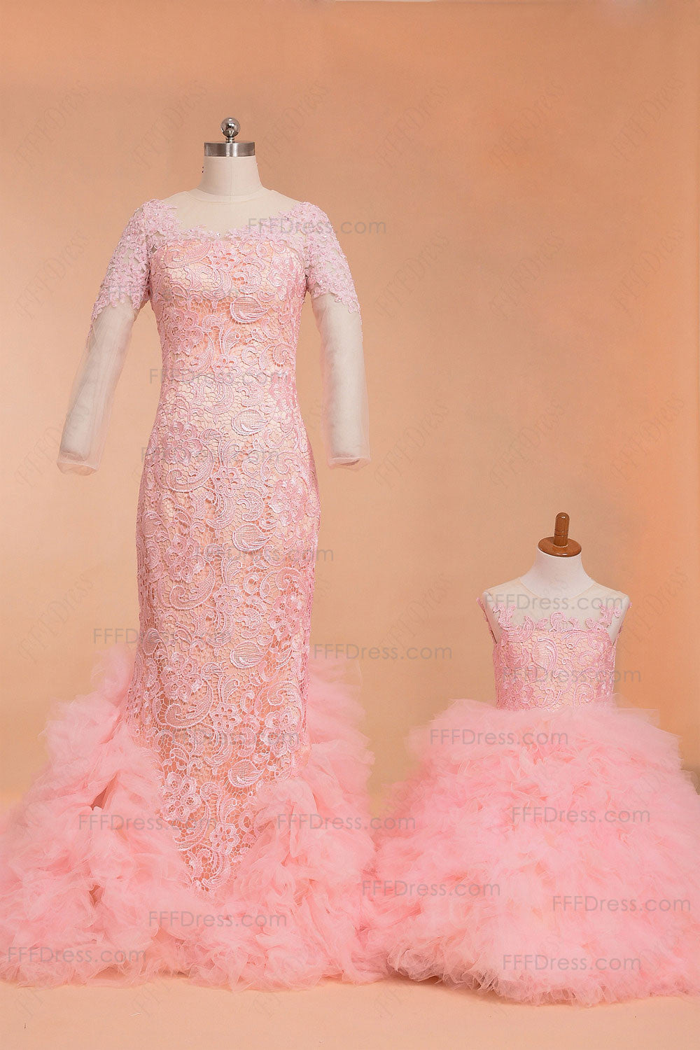 Modest Pink Mermaid Formal Dresses long sleeves Mother and daughter dresses