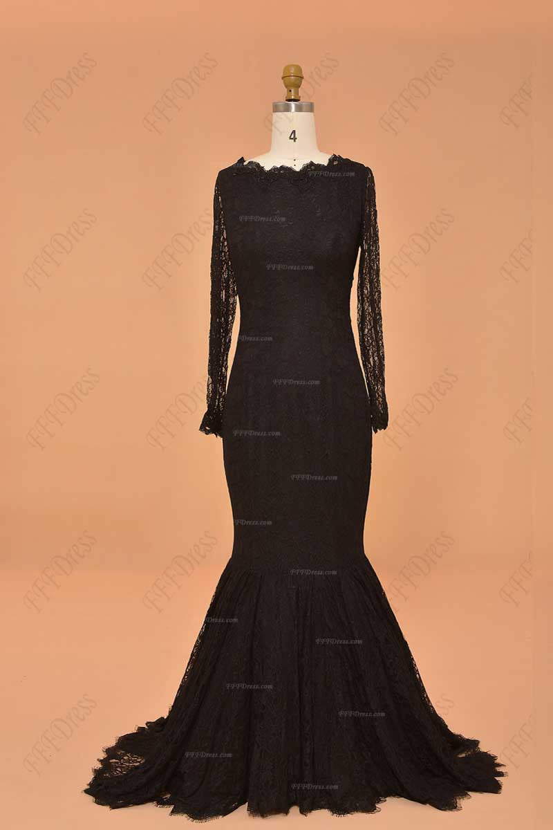 Black Lace mermaid backless prom dresses long sleeves evening dresses