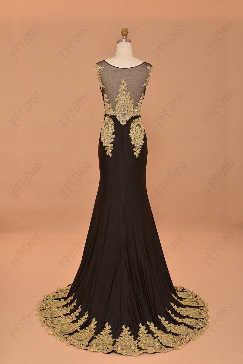 Black crystals mermaid prom dress with golden lace pageant dresses