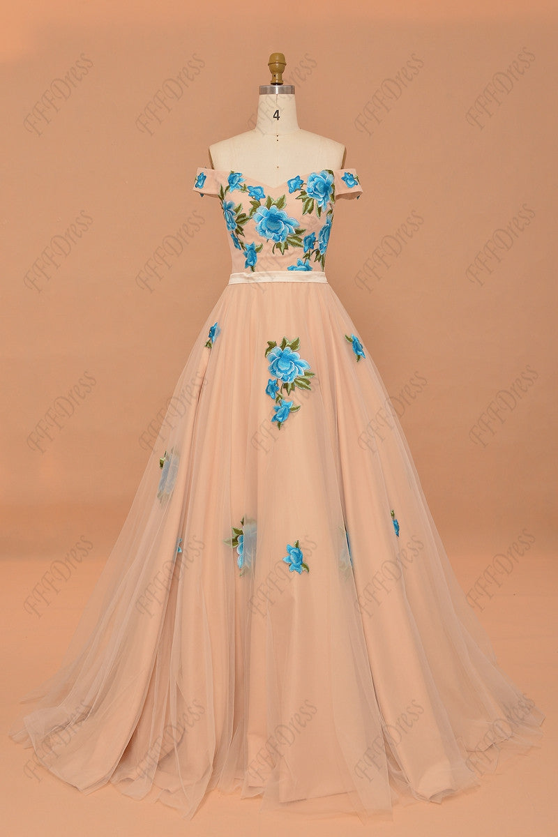 Ball gown prom dresses with embroidery champagne off the shoulder pageant dress