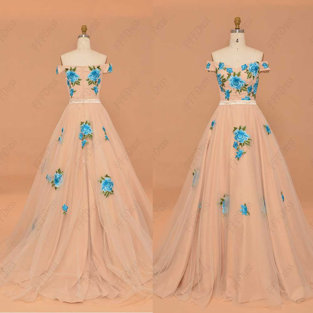 Ball gown prom dresses with embroidery champagne off the shoulder pageant dress