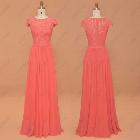 Coral bridesmaid dresses cap sleeves modest prom dresses long