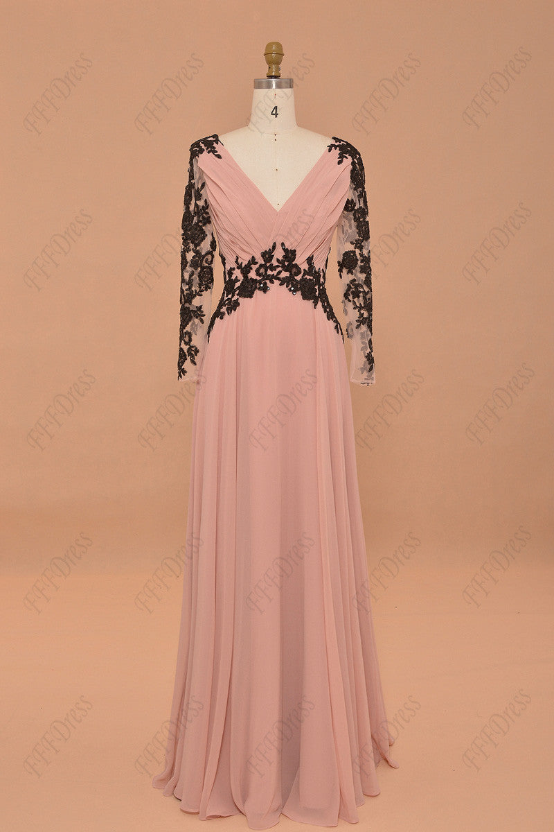 Blush modest prom dress long sleeves pageant dress with sparkly sequin black lace formal dress