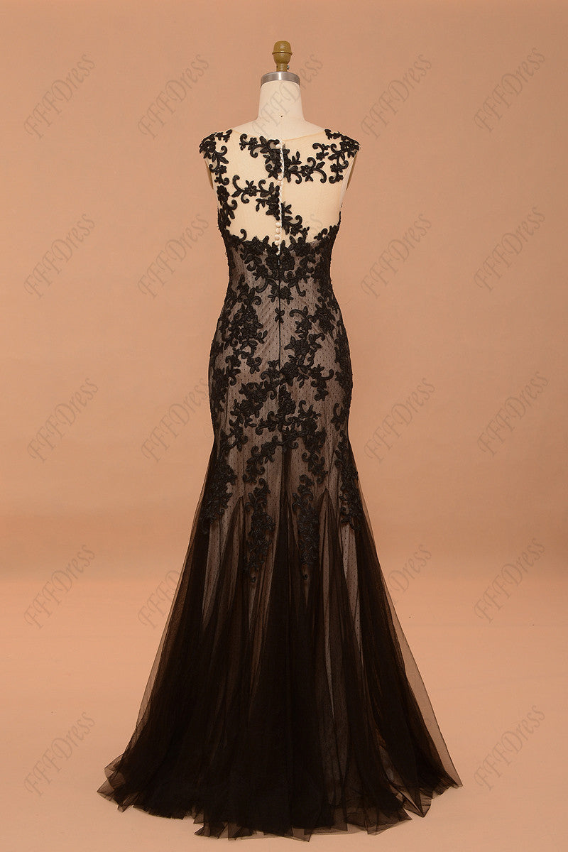 Mermaid black lace backless prom dresses cap sleeves