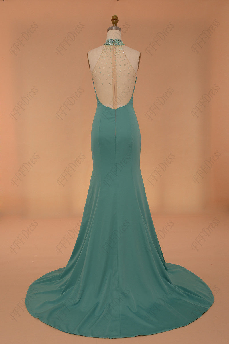 Dusty Green beaded halter mermaid backless prom dresses long