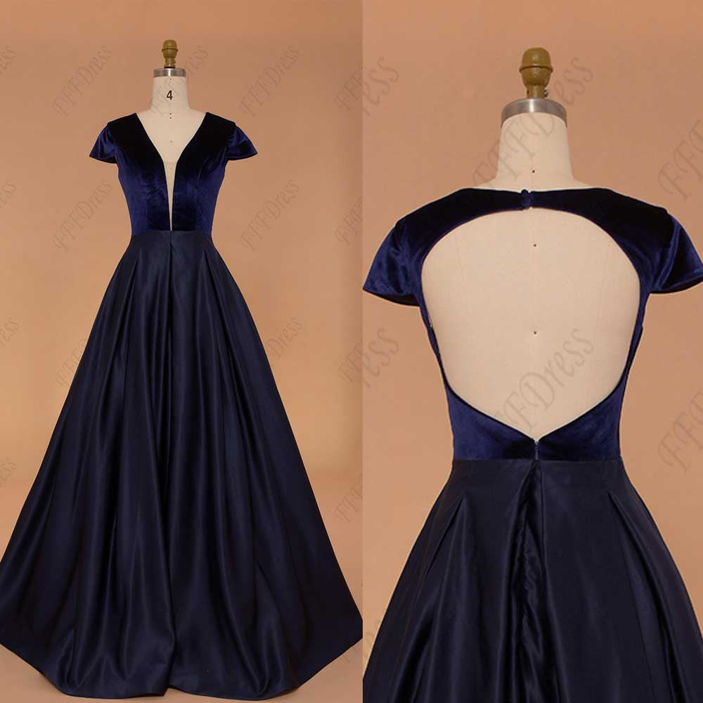 Navy blue backless ball gown prom dress long pageant dresses cap sleeve