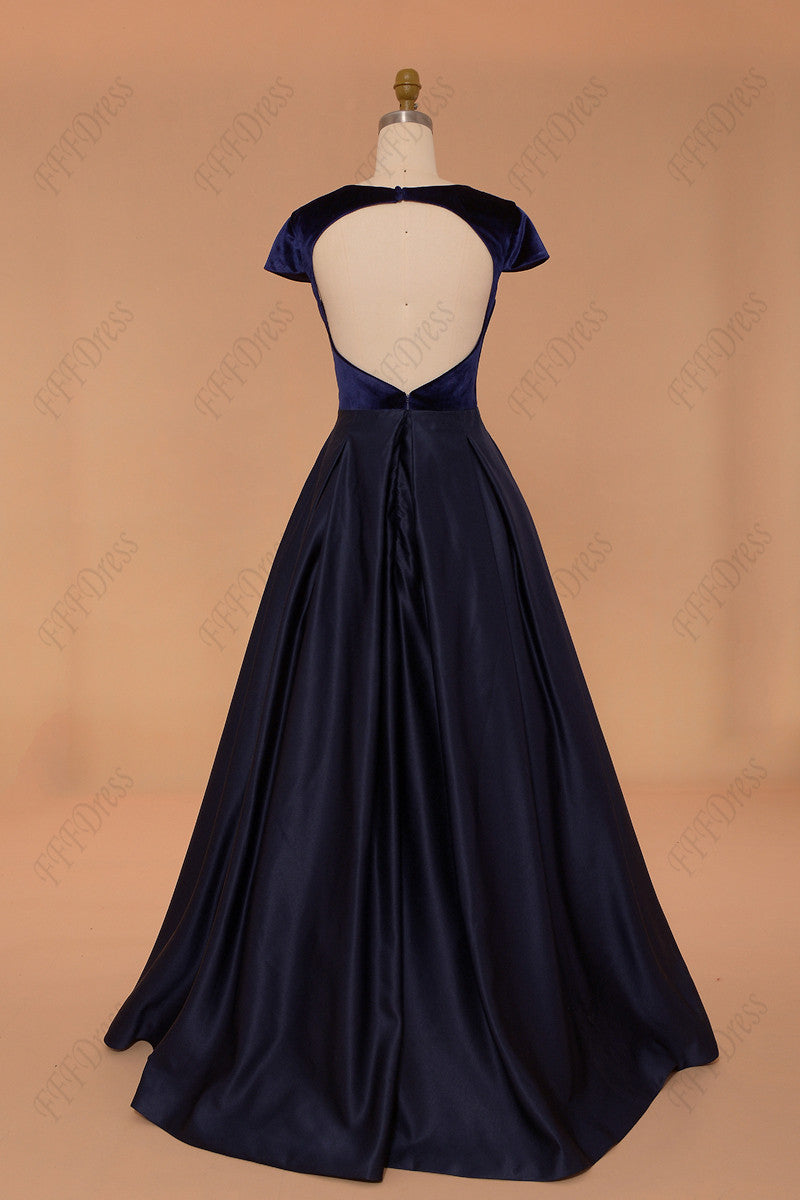 Navy blue backless ball gown prom dress long pageant dresses cap sleeve