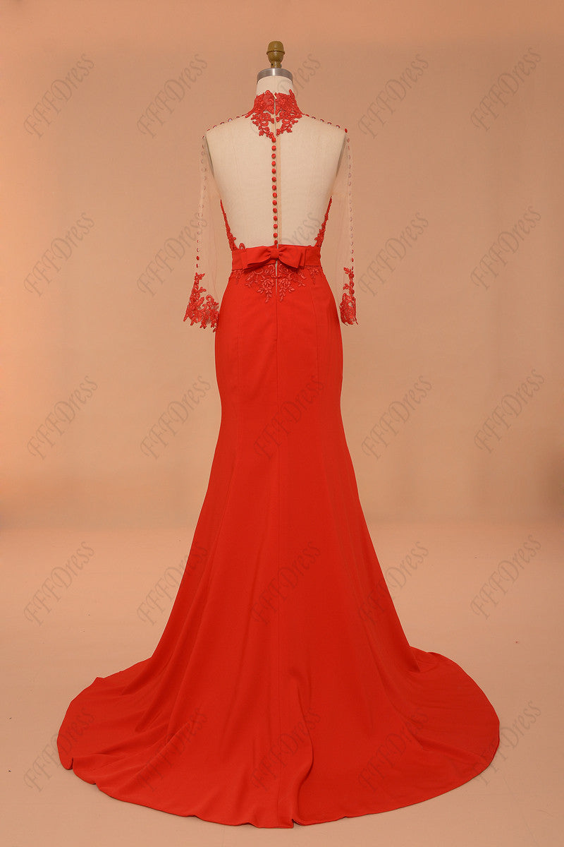 Backless mermaid red prom dress long sleeves