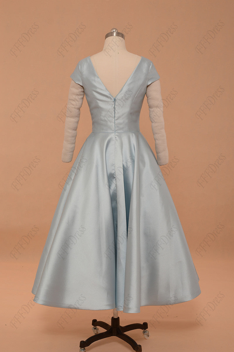Ice blue vintage prom dress with embroidery homecoming dresses with sleeves