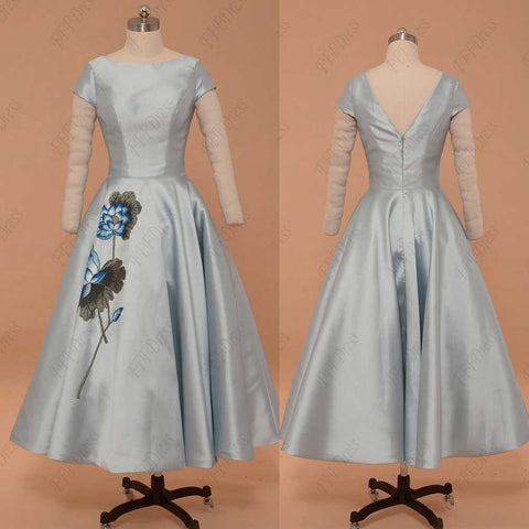 Ice blue vintage prom dress with embroidery homecoming dresses with sleeves