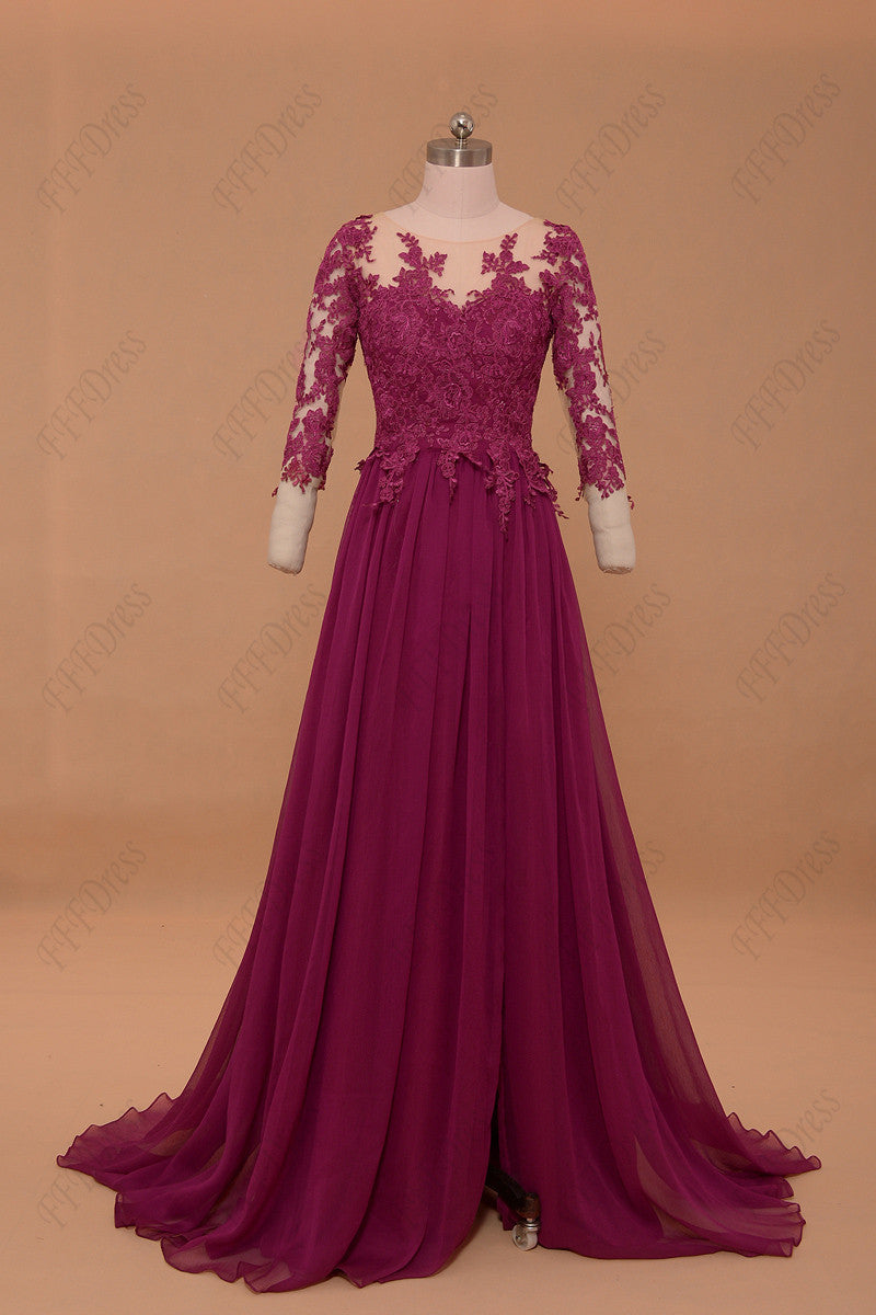 Modest magenta mother of the bride dress with sleeves plus size evening dress