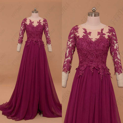 Modest magenta mother of the bride dress with sleeves plus size evening dress