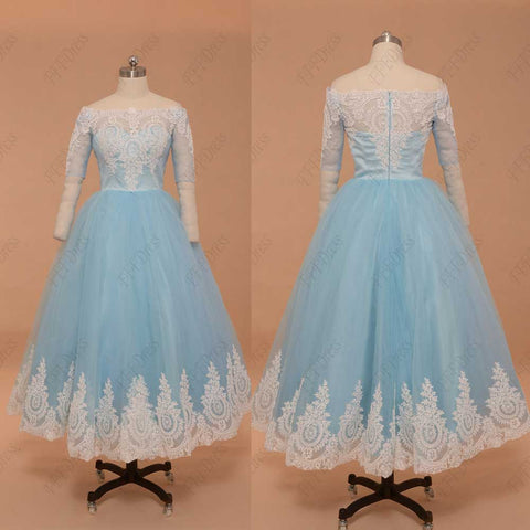 Light blue vintage prom dress tea length with sleeves homecoming dress