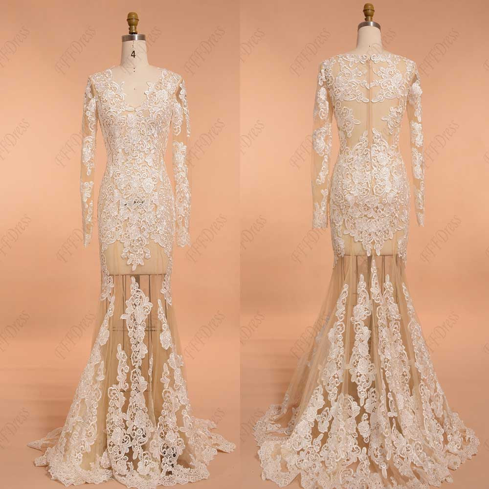 Mermaid see through white lace prom dresses long sleeves pageant dresses
