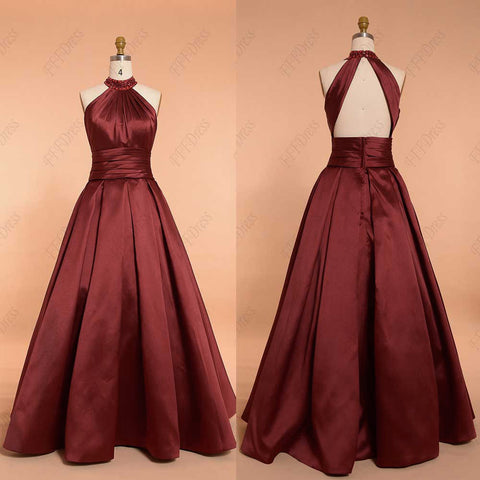 Burgundy beaded halter backless ball gown prom dress pageant dresses