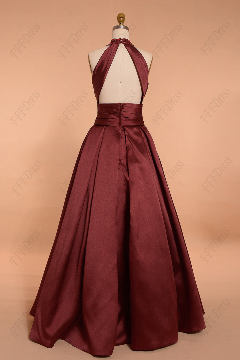 Burgundy beaded halter backless ball gown prom dress pageant dresses