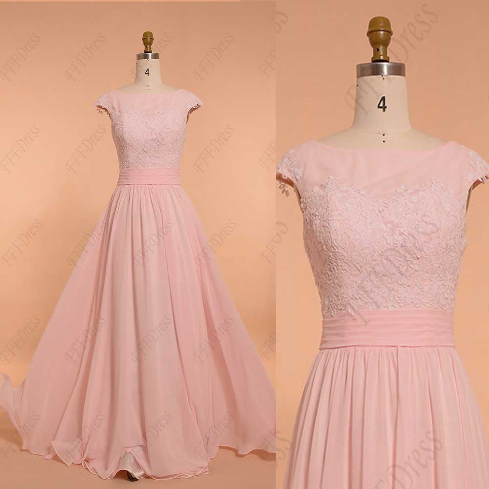Light pink bridesmaid dress with cap sleeve modest evening dress