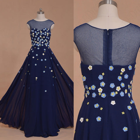 Floral navy blue long prom dresses