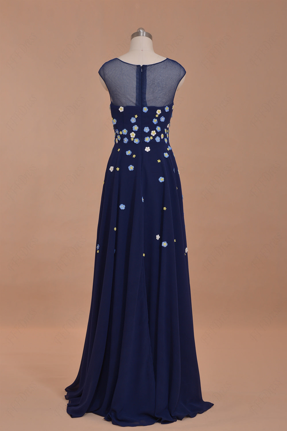Floral navy blue long prom dresses