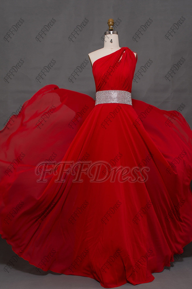 Red chiffon long prom dress with sparkly waist