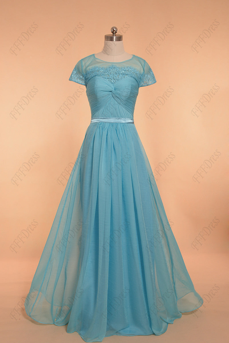 Sky blue prom dresses with sleeves evening dresses