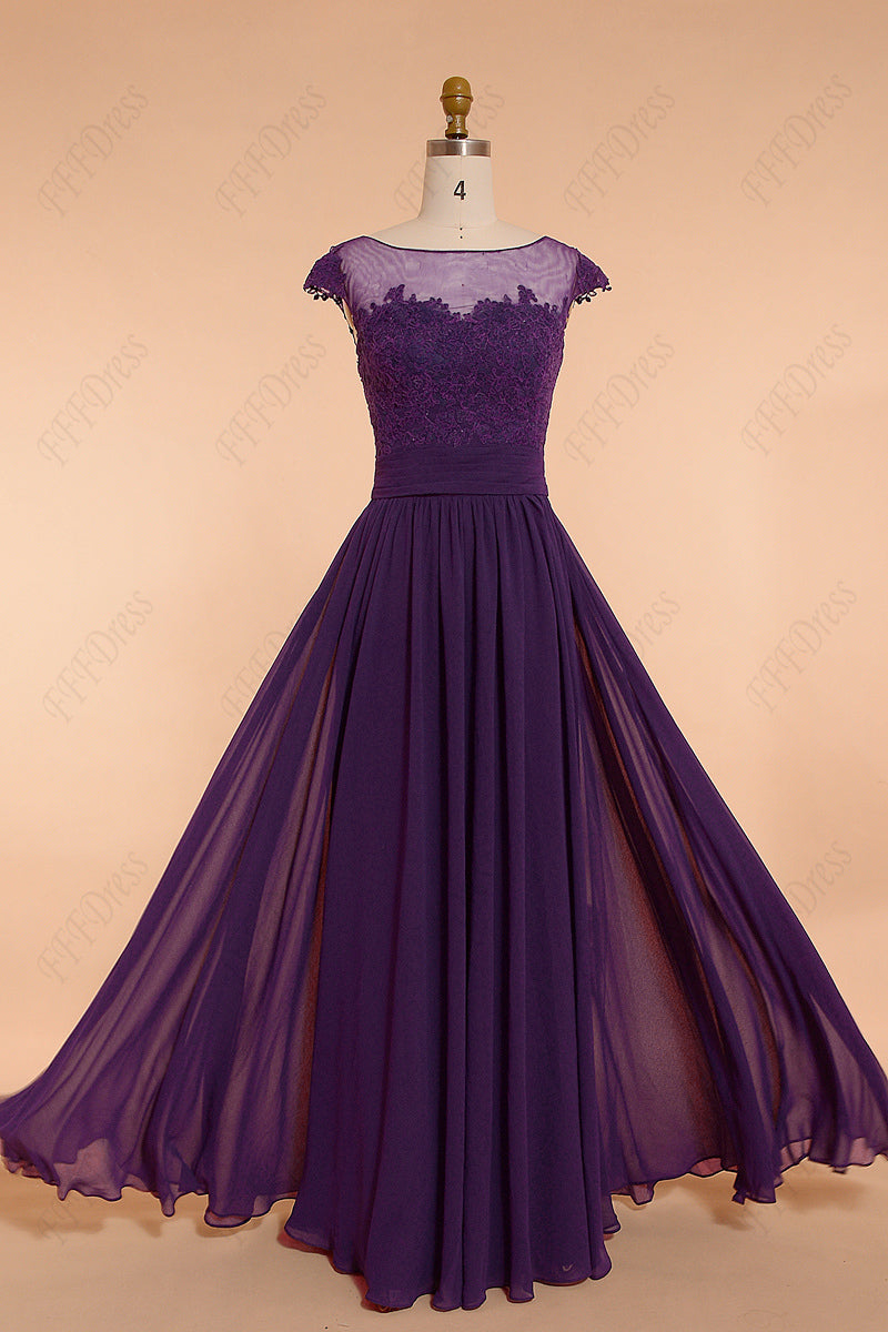 Purple modest lace bridesmaid dresses cap sleeves
