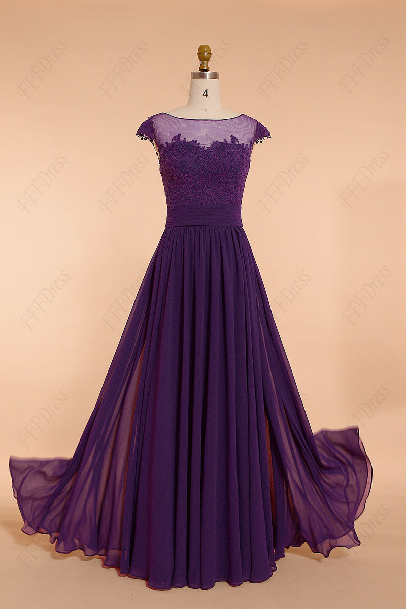 Purple modest lace bridesmaid dresses cap sleeves