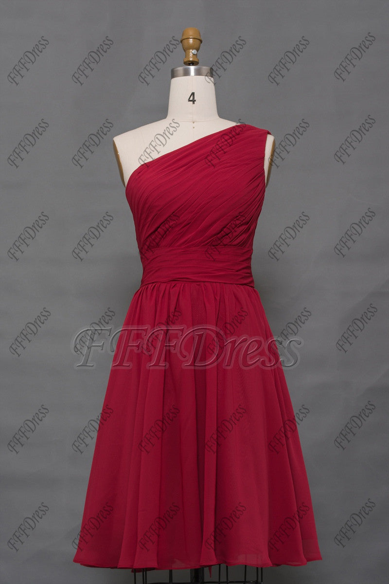 One shoulder burgundy bridesmaid dresses short