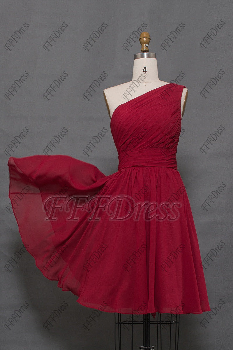 One shoulder burgundy bridesmaid dresses short