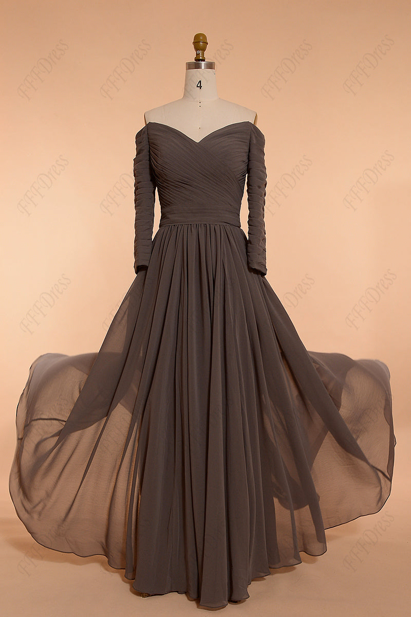 Chocolate brown off the shoulder bridesmaid dresses three quarter sleeves