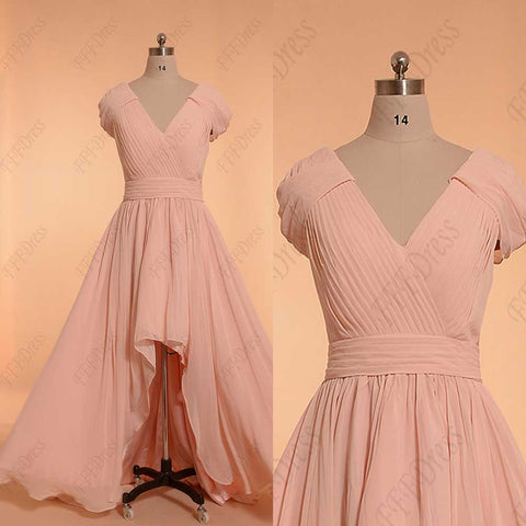 High low modest pink bridesmaid dress with sleeves prom dresses