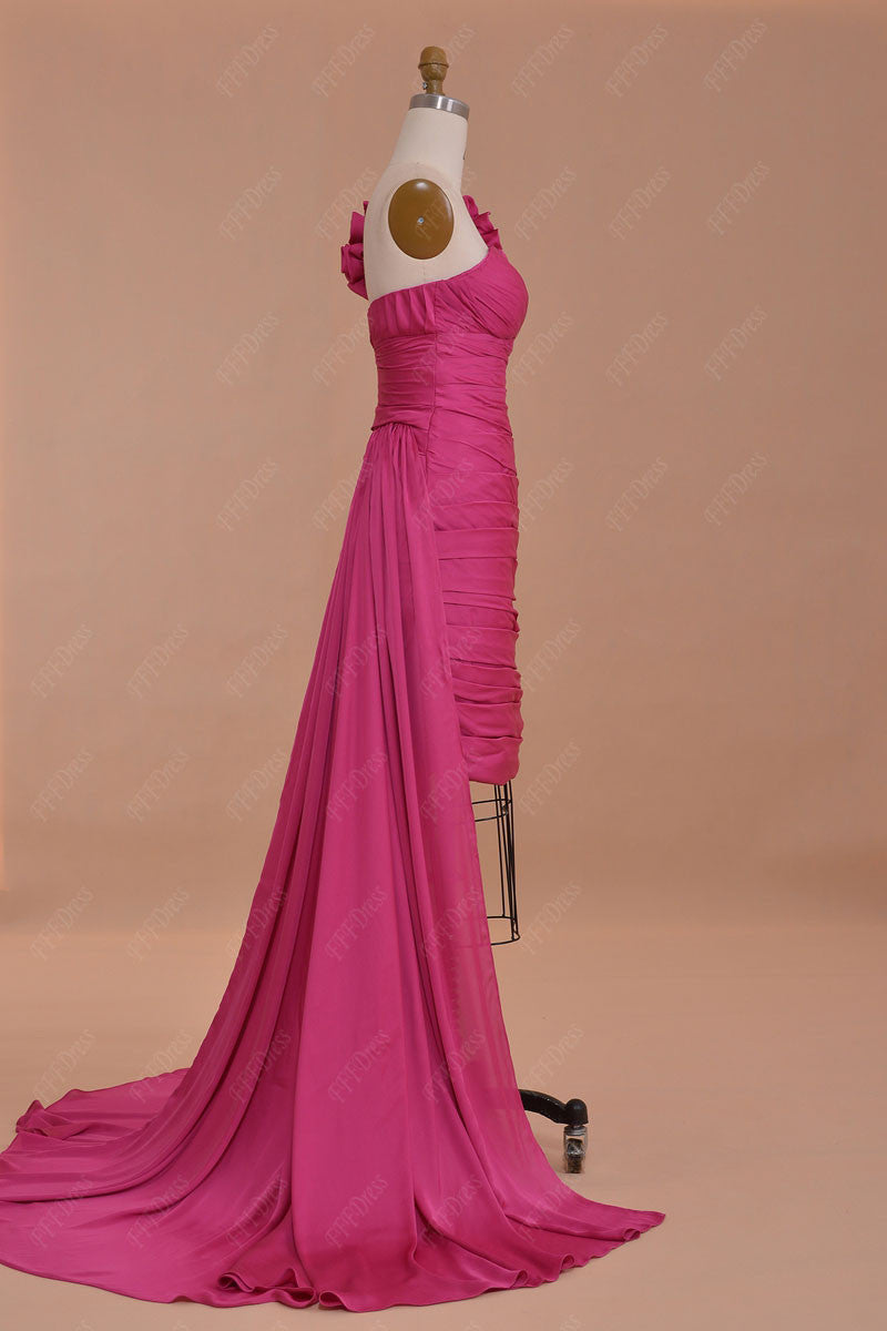 Two piece hot pink prom dress short with long train