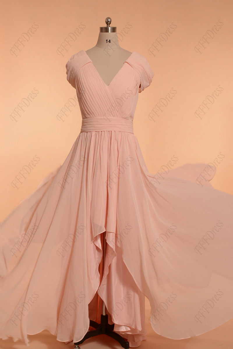 High low modest pink bridesmaid dress with sleeves prom dresses